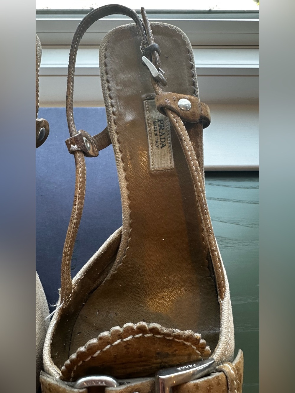 Vintage Prada Beige Canvas Pointed Toe Buckle Slingback Heels - Picture 5 of 16